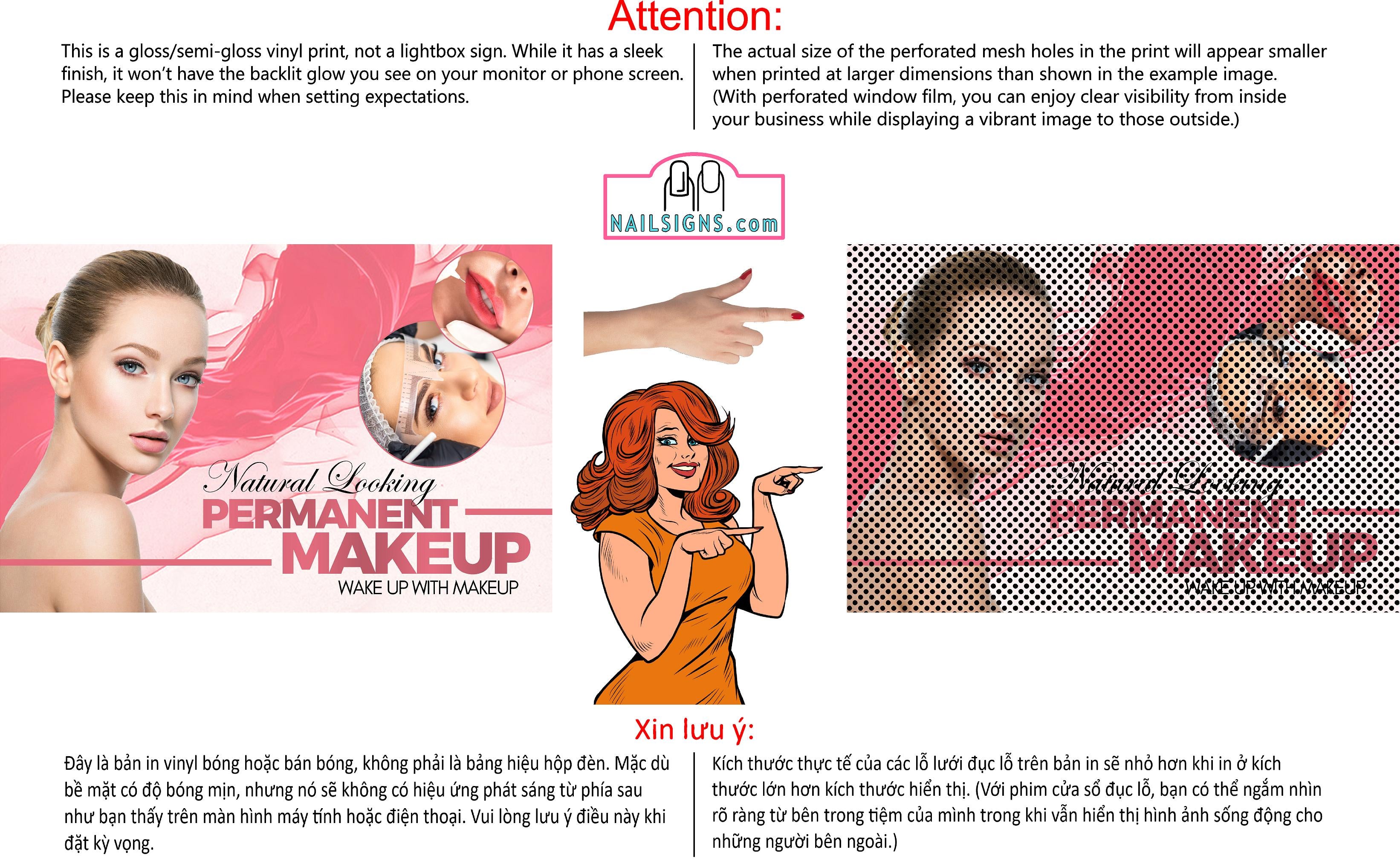 Permanent 30 Perforated Mesh One Way Vision See-Through Window Vinyl Makeup Eyebrows Lips Salon Sign Microblading Horizontal