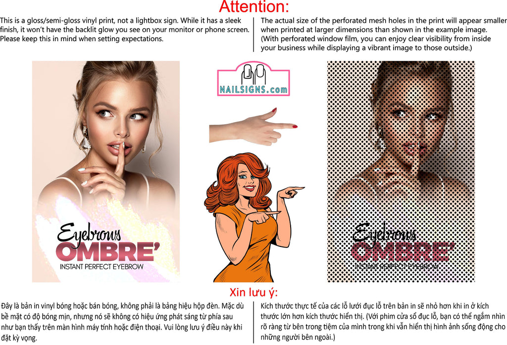 Permanent 36 Perforated Mesh One Way Vision See-Through Window Vinyl Eyebrows Ombre Salon Sign Microblading Vertical