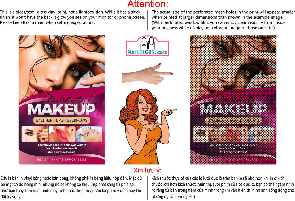 Permanent 38 Perforated Mesh One Way Vision See-Through Window Vinyl Eyebrows Salon Sign Microblading Vertical