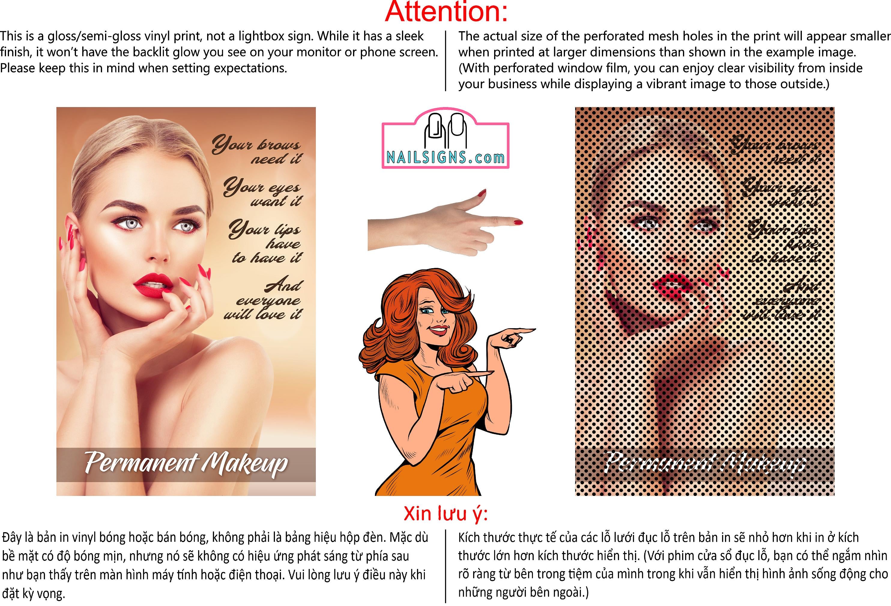 Permanent 04 Perforated Mesh One Way Vision See-Through Window Vinyl Makeup Eyebrows Lips Salon Sign Microblading Vertical