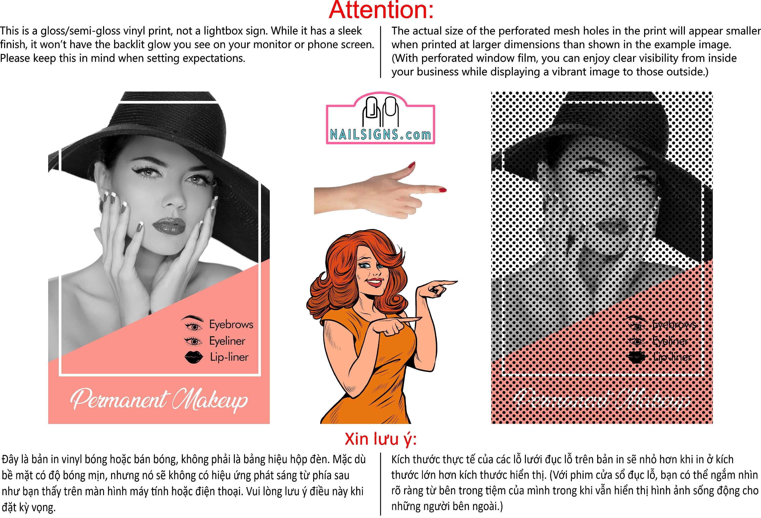 Permanent 41 Perforated Mesh One Way Vision See-Through Window Vinyl Eyebrows Makeup Sign Microblading Vertical