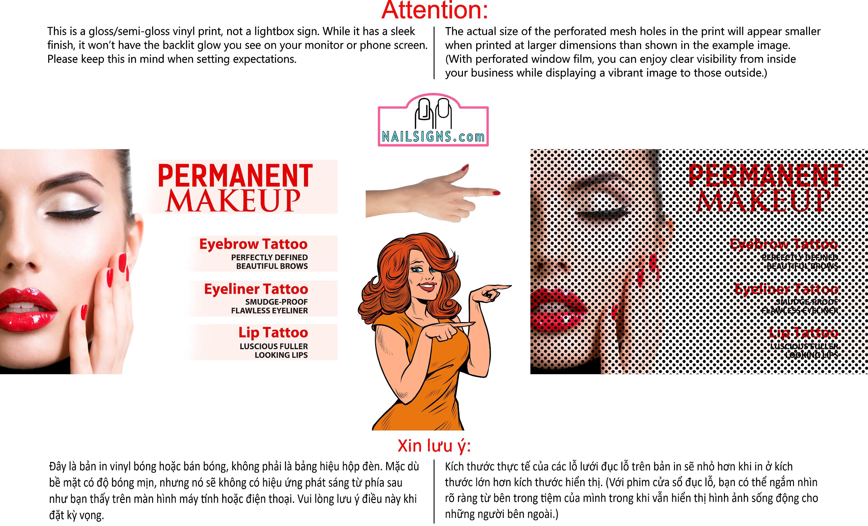 Permanent 09 Perforated Mesh One Way Vision See-Through Window Vinyl Makeup Eyebrows Lips Salon Sign Microblading Horizontal