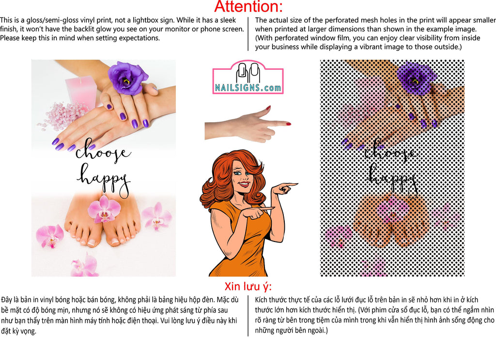 Quote 13 Perforated Mesh One Way Vision See-Through Window Vinyl Salon Choose Happy Vertical