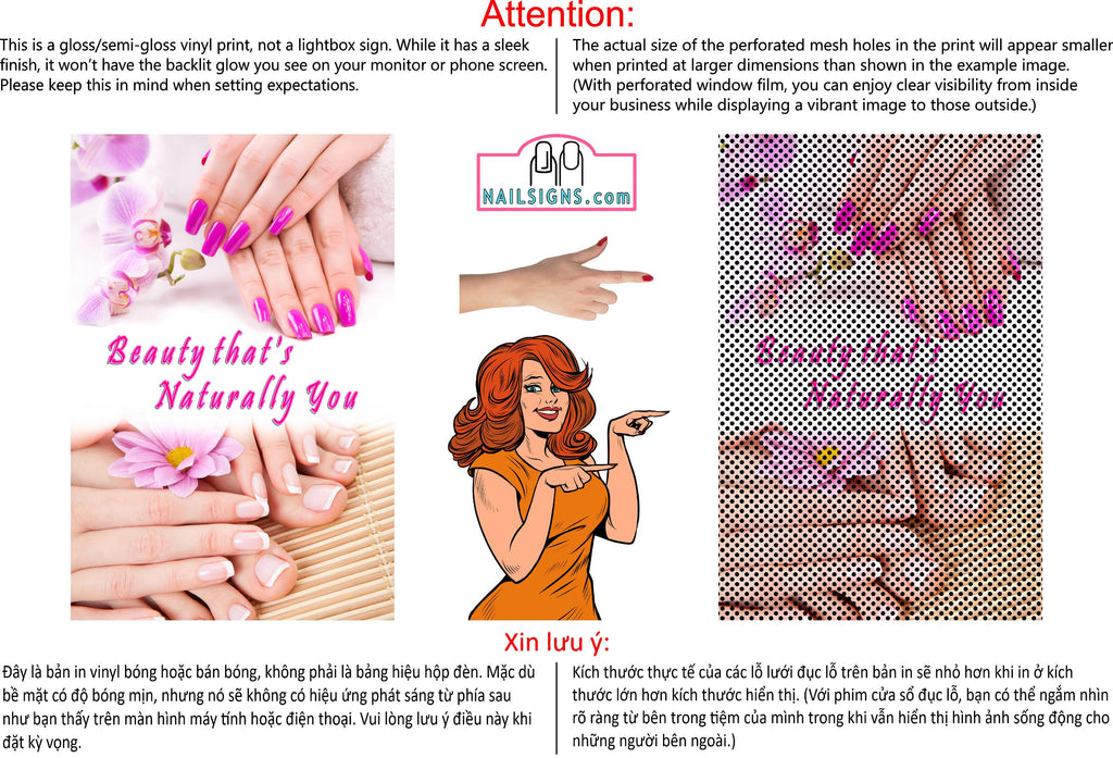 Quote 02 Perforated Mesh One Way Vision See-Through Window Vinyl Salon Sign Beauty that's Naturally You Vertical