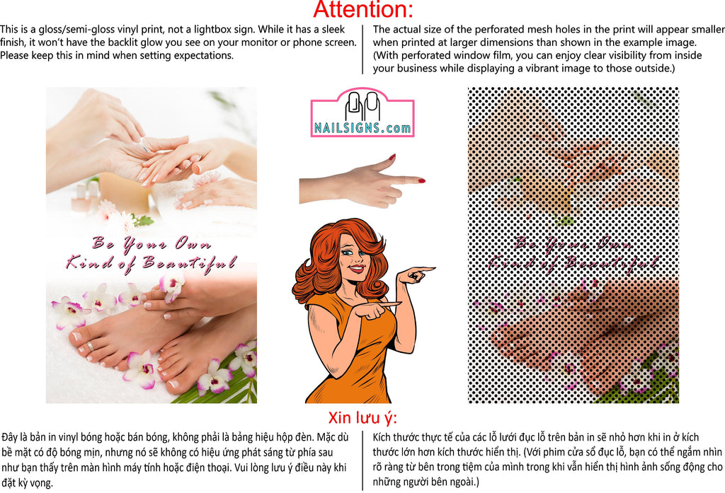 Quote 03 Perforated Mesh One Way Vision See-Through Window Vinyl Salon Sign Be Your Own Kind of Beautiful Vertical