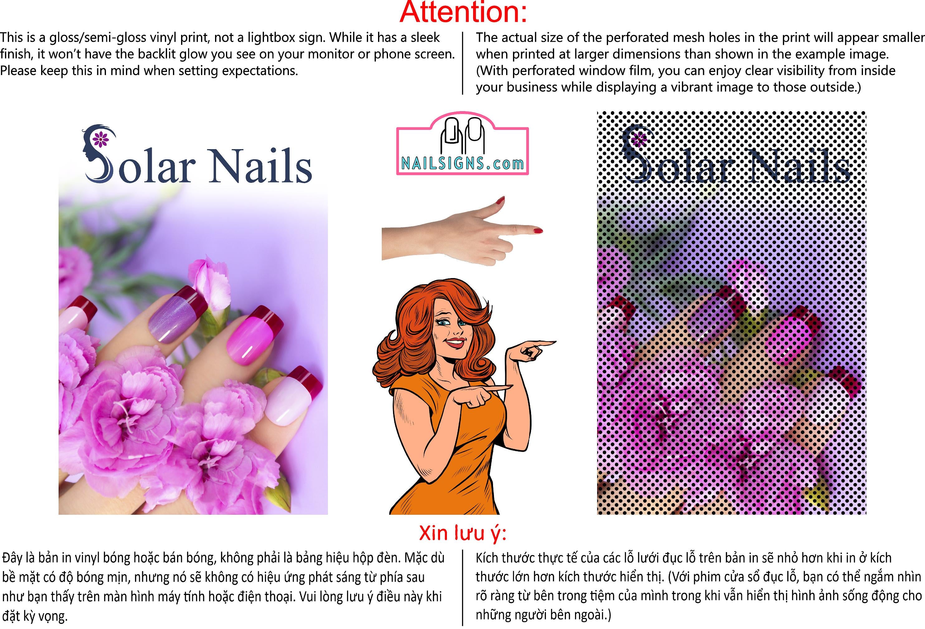 Solar 02 Perforated Mesh One Way Vision See-Through Window Vinyl Nail Salon Sign Vertical
