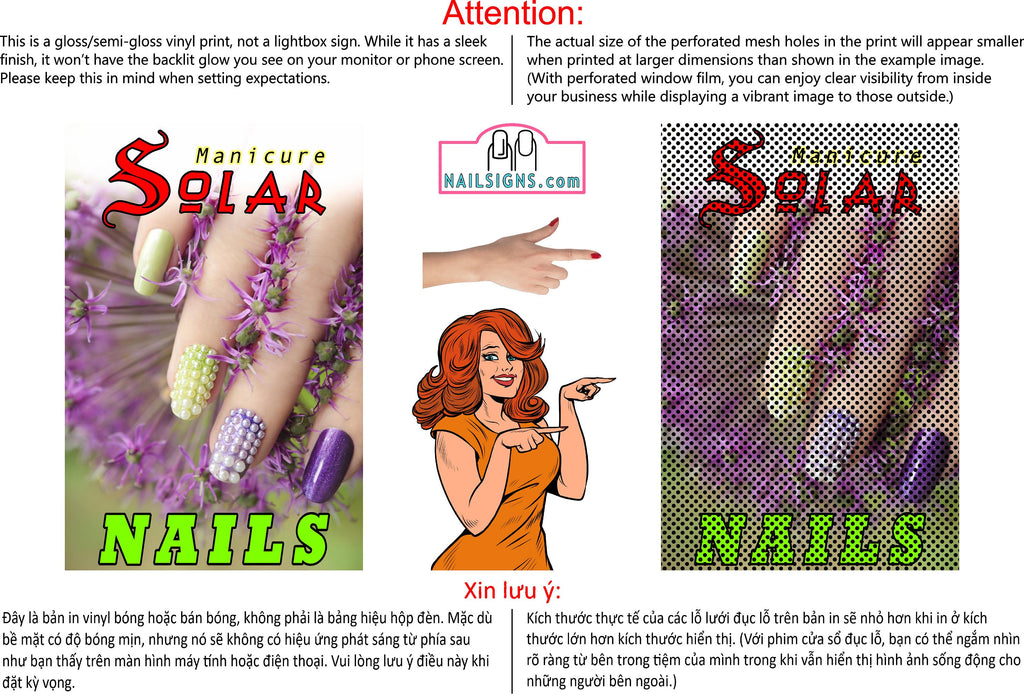Solar 03 Perforated Mesh One Way Vision See-Through Window Vinyl Nail Salon Sign Vertical