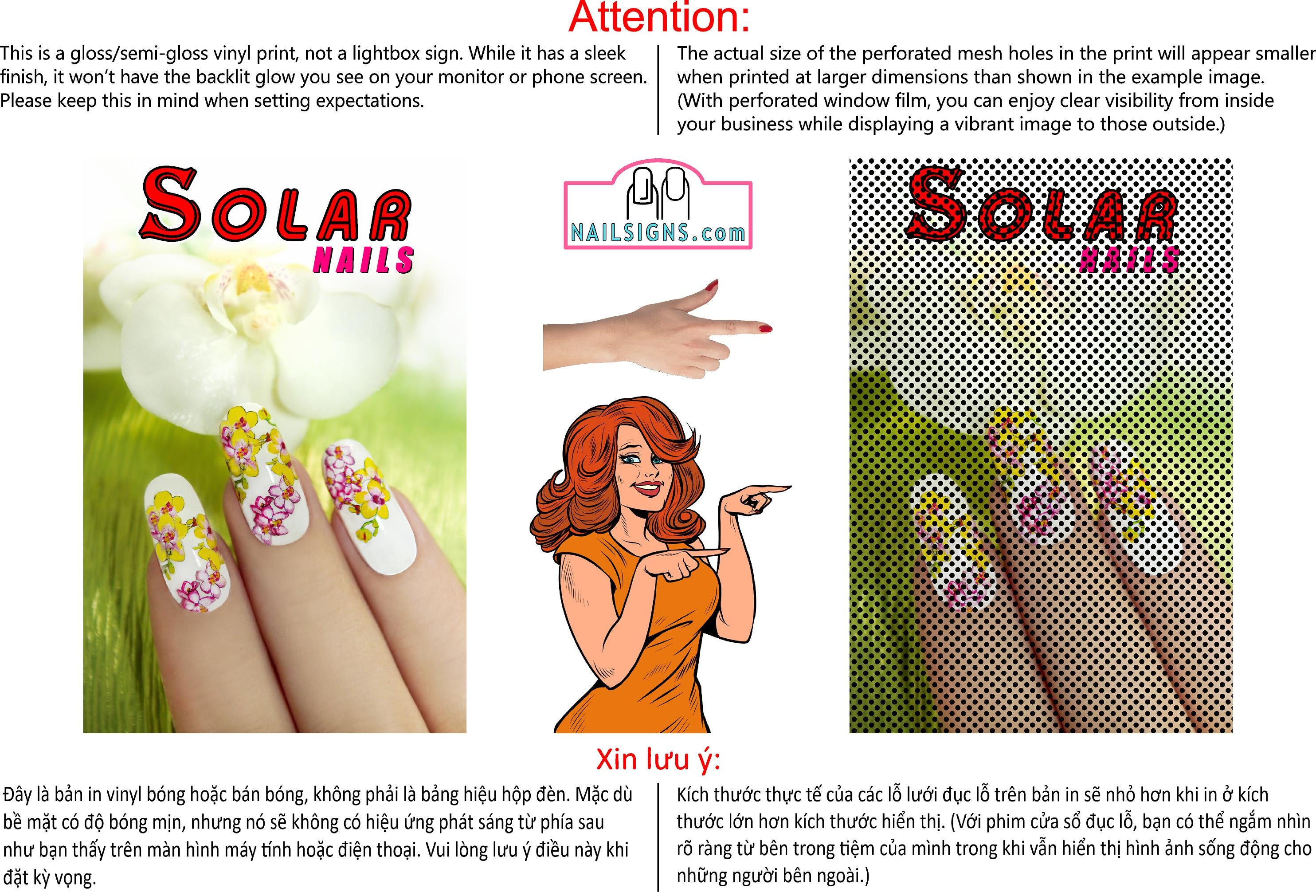 Solar 01 Perforated Mesh One Way Vision See-Through Window Vinyl Nail Salon Sign Vertical