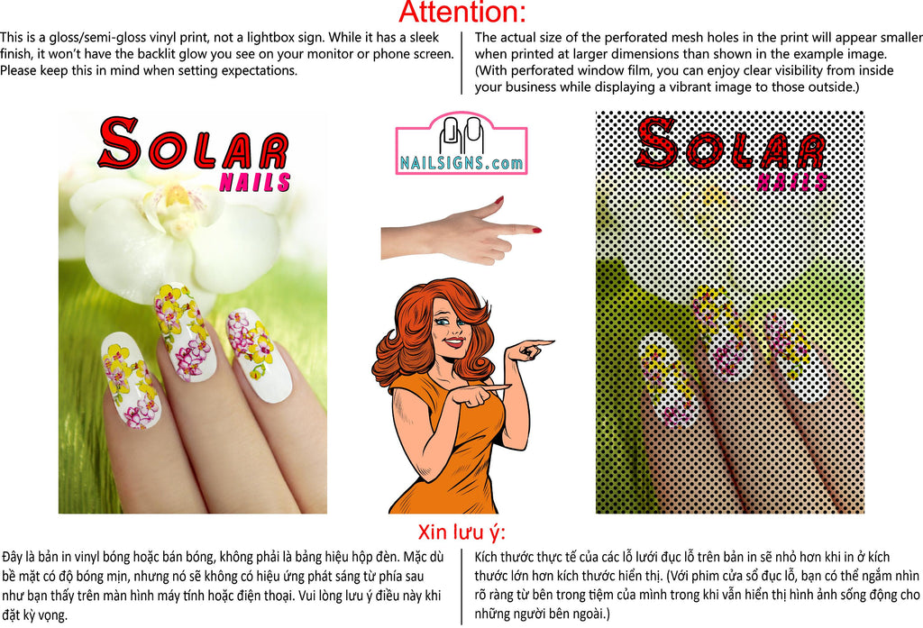 Solar 01 Perforated Mesh One Way Vision See-Through Window Vinyl Nail Salon Sign Vertical