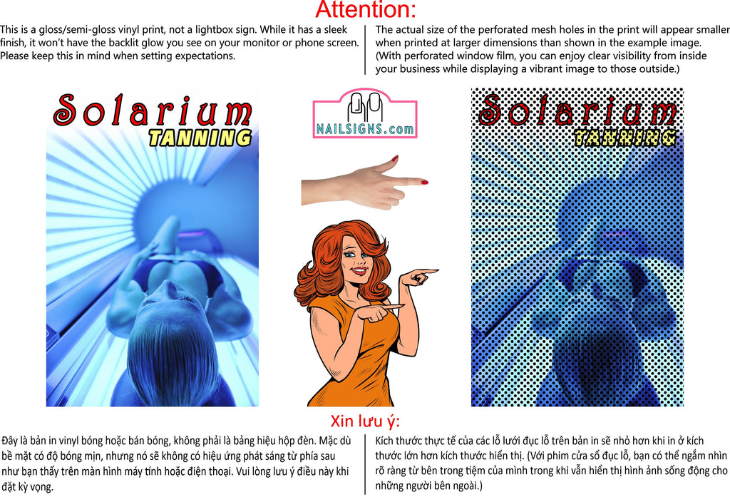 Tanning 02 Perforated Mesh One Way Vision Window Vinyl Nail Salon See-Through Sign Solarium Spray Sun Vertical