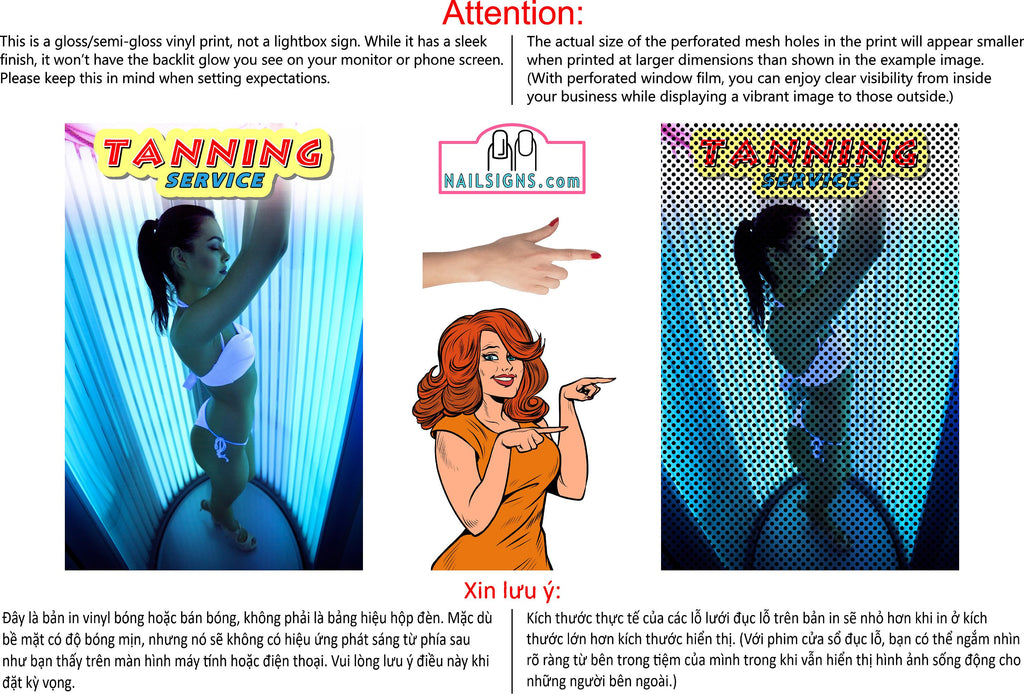 Tanning 04 Perforated Mesh One Way Vision Window Vinyl Nail Salon See-Through Sign Solarium Spray Sun Vertical