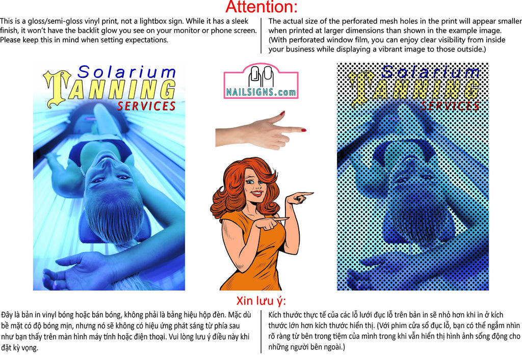 Tanning 05 Perforated Mesh One Way Vision Window Vinyl Nail Salon See-Through Sign Solarium Spray Sun Vertical