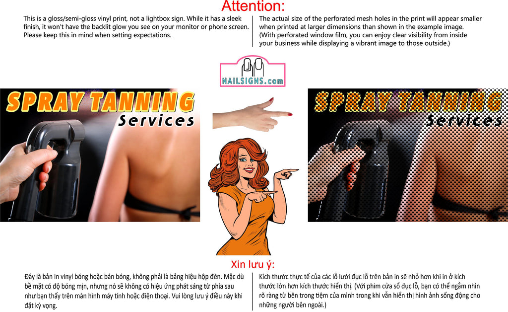 Tanning 08 Perforated Mesh One Way Vision Window Vinyl Nail Salon See-Through Sign Solarium Spray Sun Horizontal
