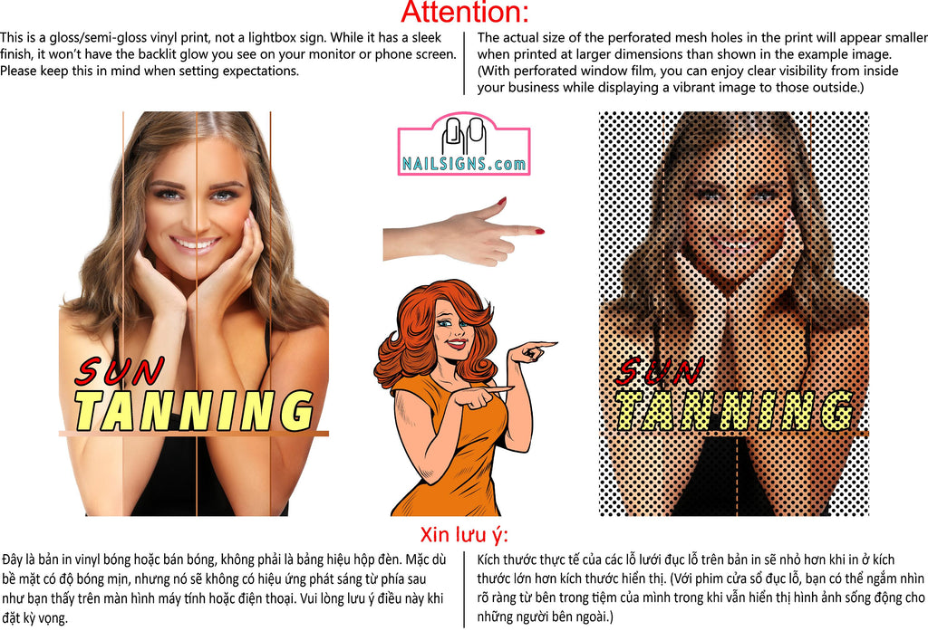Tanning 01 Perforated Mesh One Way Vision Window Vinyl Nail Salon See Through Sign Solarium Spray Sun Vertical