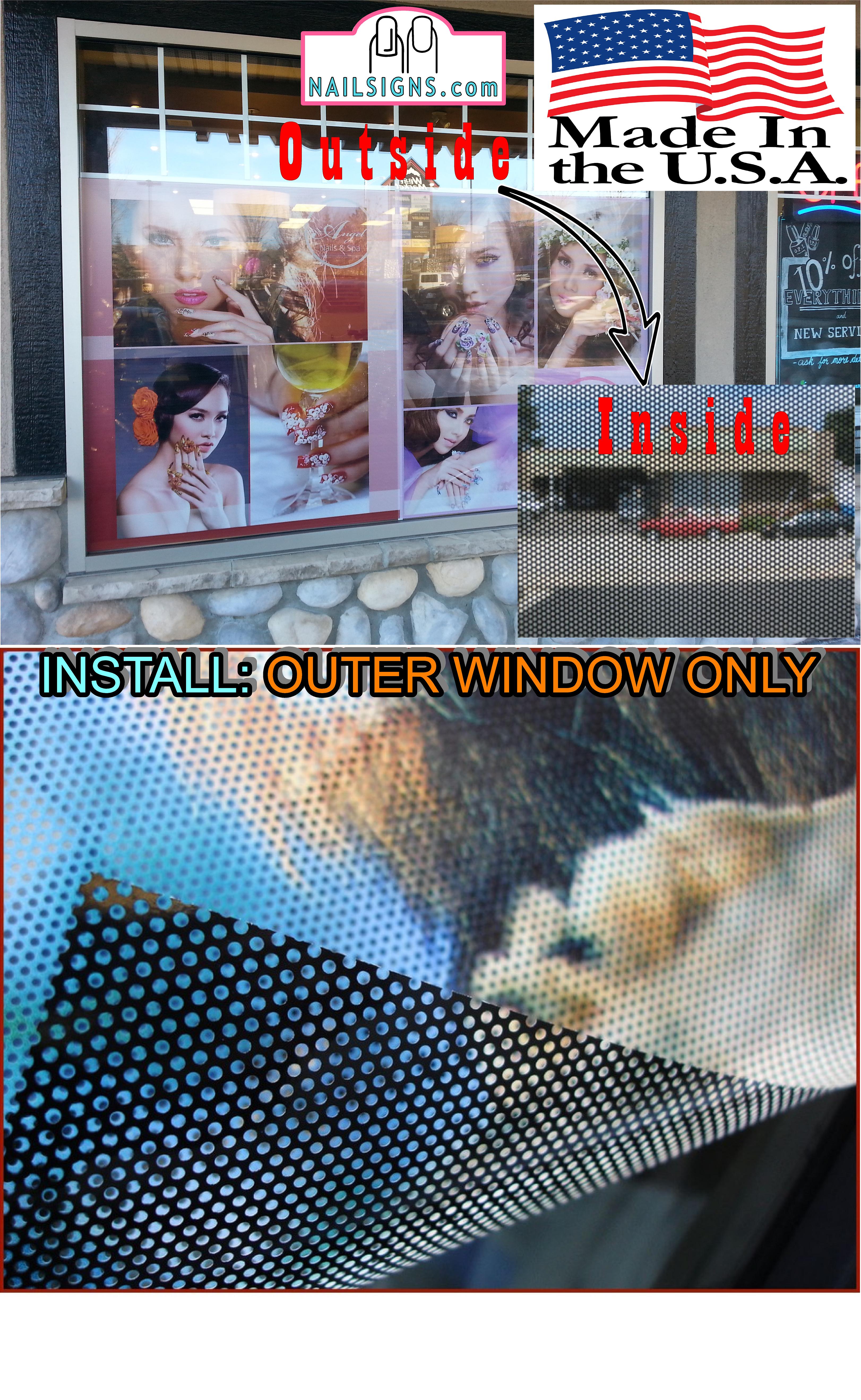 Dip Powder 10 Perforated Mesh One Way Vision See-Through Window Vinyl Nail Salon Sign Horizontal
